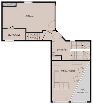 A floor plan with a garage, ski room, entrance, mezzanine, and a balcony with a view.