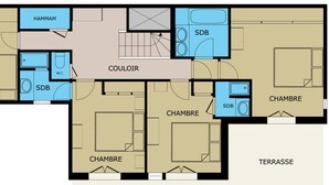 Un hôtel comprenant plusieurs chambres, un hammam, un vestiaire, une salle dédiée aux couleurs et une terrasse.