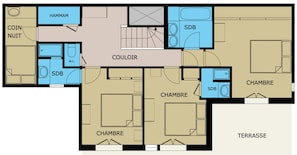 A hotel layout with multiple bedrooms, a hammam, a coin closet, a color room, and a terrace.
