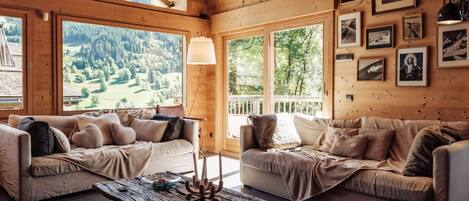 Flat-screen TV, fireplace