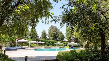 Seasonal outdoor pool, open 10:00 AM to 6:30 PM, pool umbrellas