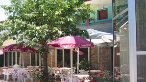 Espace extérieur aménagé avec des tables et des chaises, protégé par des parasols et agrémenté de plantes et de fleurs en pot.