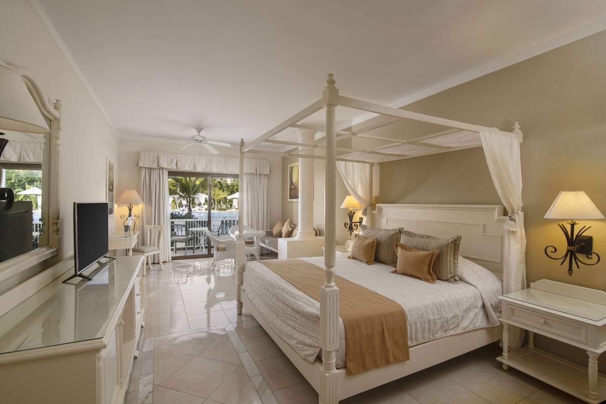 A four-poster bed with a canopy, a television, a bedside table, and a chair in a well-lit room with a view of the outdoors.