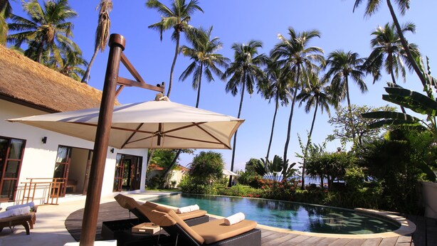 Un espace aménagé au bord de la piscine, avec des chaises longues et un auvent, entouré de palmiers et surplombé d’un ciel dégagé.