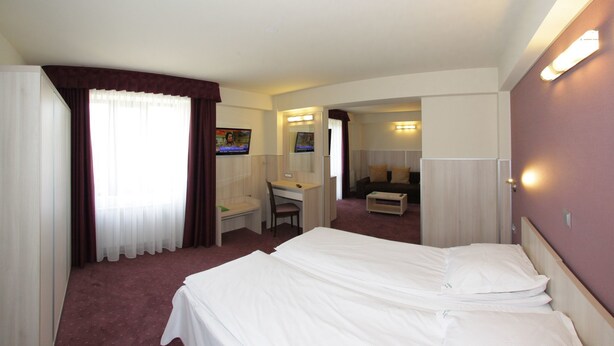 A hotel room with a bed, desk, chair, and a television.