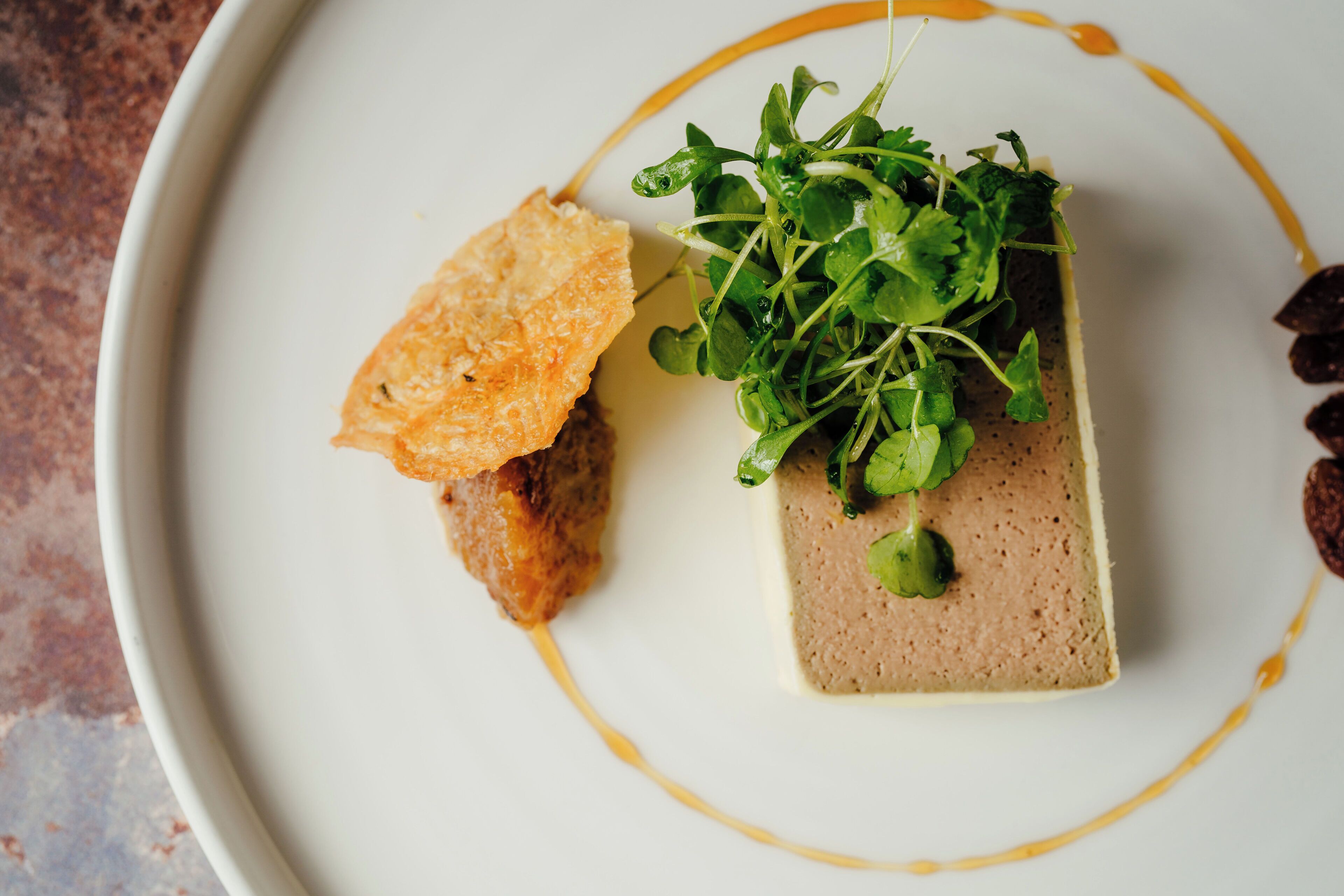 A plate with a rectangular food item topped with greens and a crispy element, served on a white plate with a decorative yellow line.