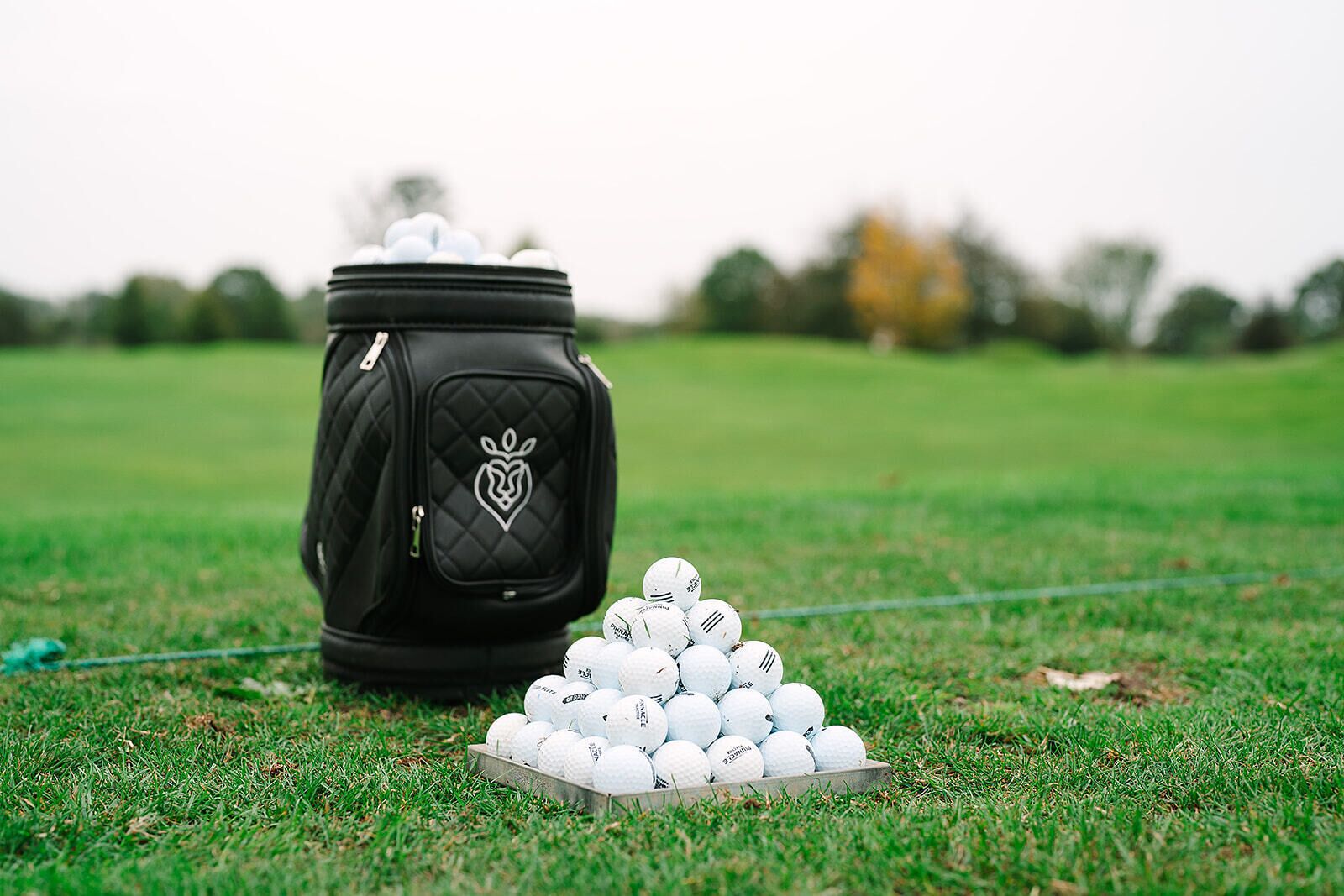 Un bolso de golf y pelotas de golf sobre un campo cubierto de césped.