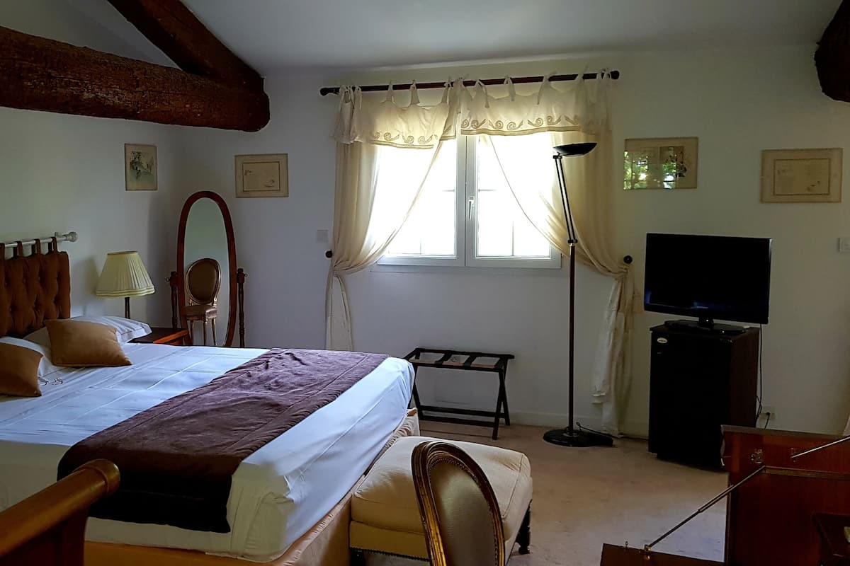 A bedroom with a large bed, a wooden headboard, a bedside table with a lamp, a mirror, a television, and a window with curtains.
