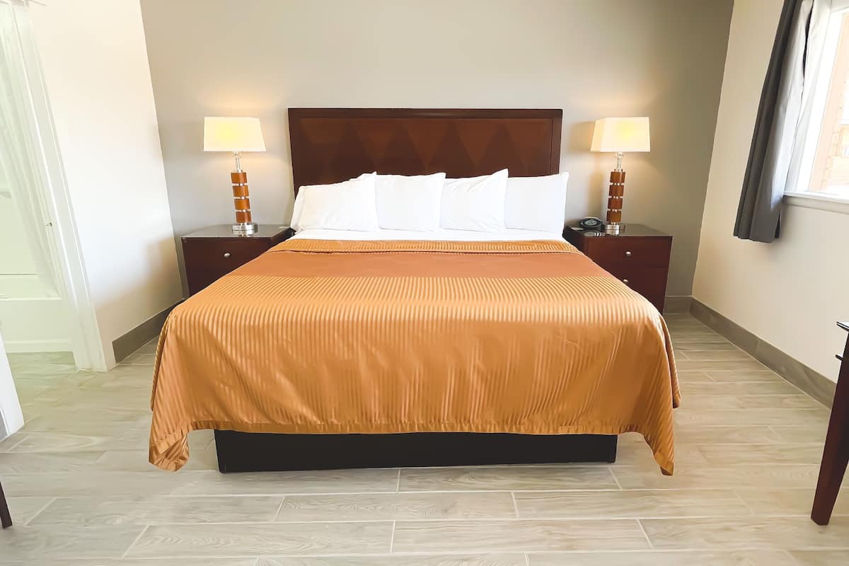 A hotel room with a large bed, two bedside tables with lamps, and a view of the outside.