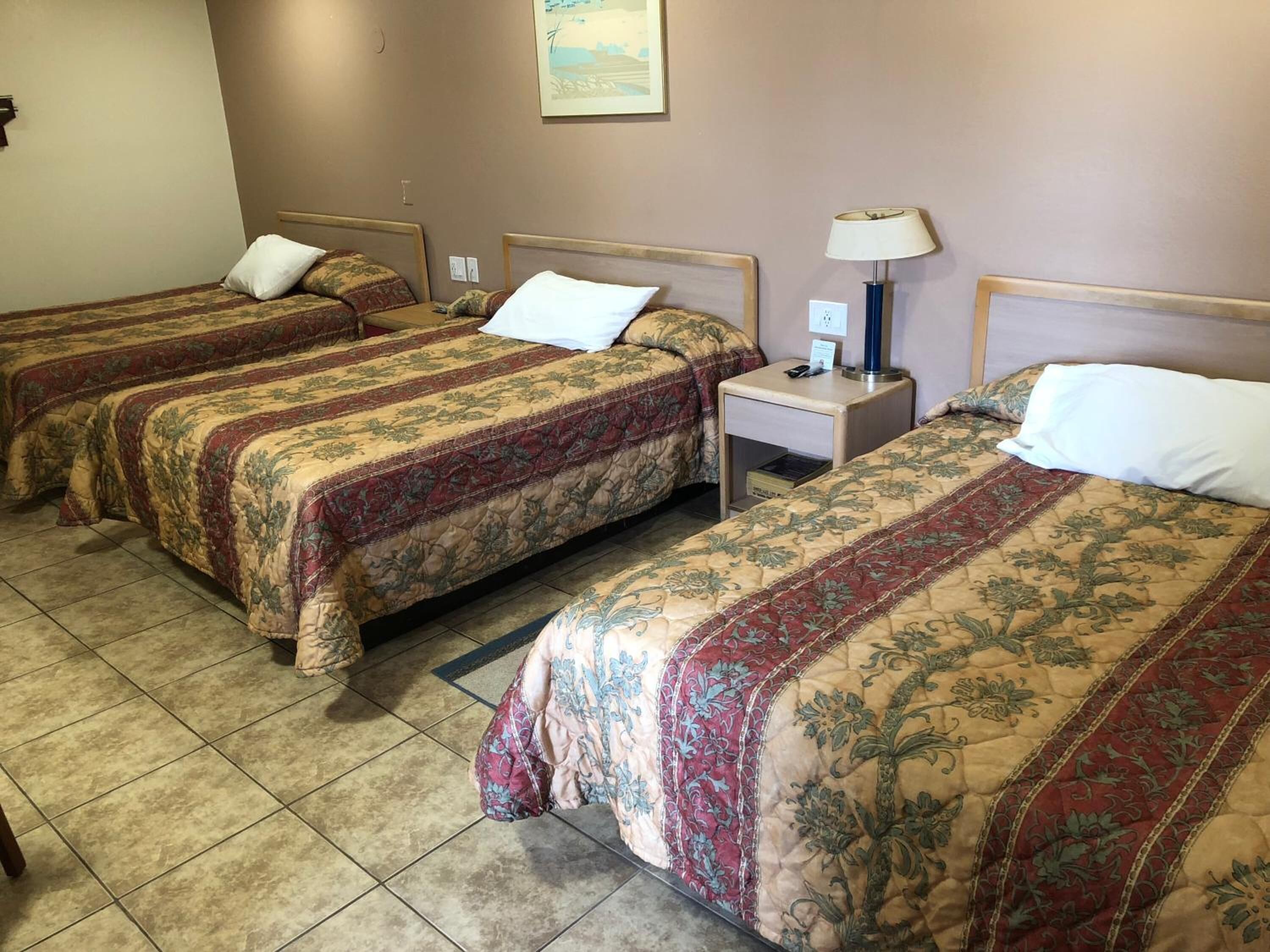 A hotel room with three single beds, each with a floral-patterned bedspread and white pillows. There is a small bedside table with a lamp and a power outlet.