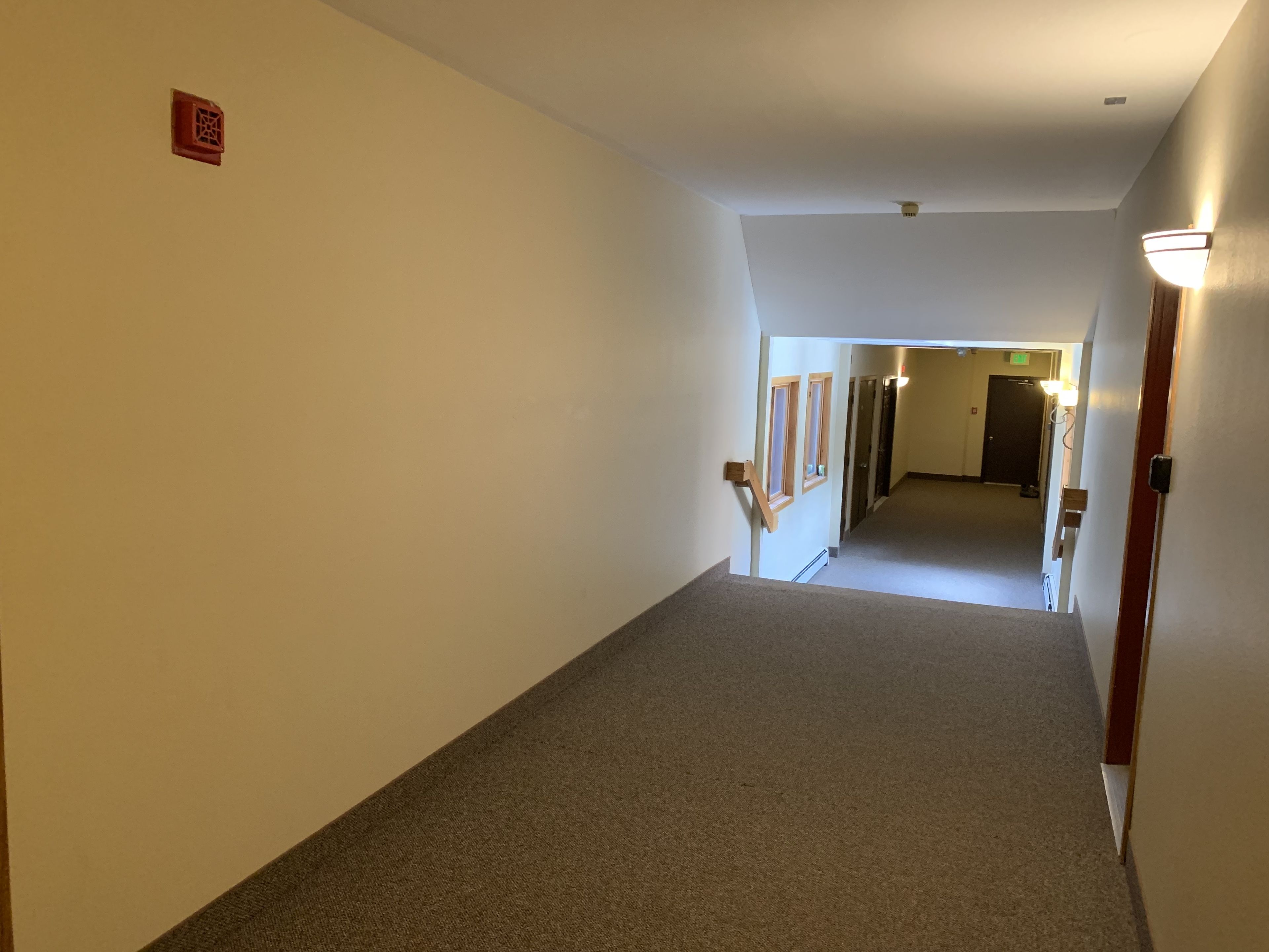 Un couloir avec un sol recouvert de moquette, des murs blancs et une porte au fond.