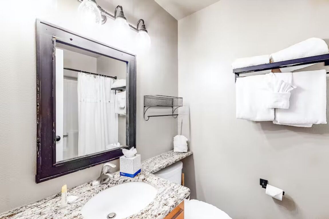 A bathroom with a large mirror, a sink, a towel rack, and a toilet paper holder.