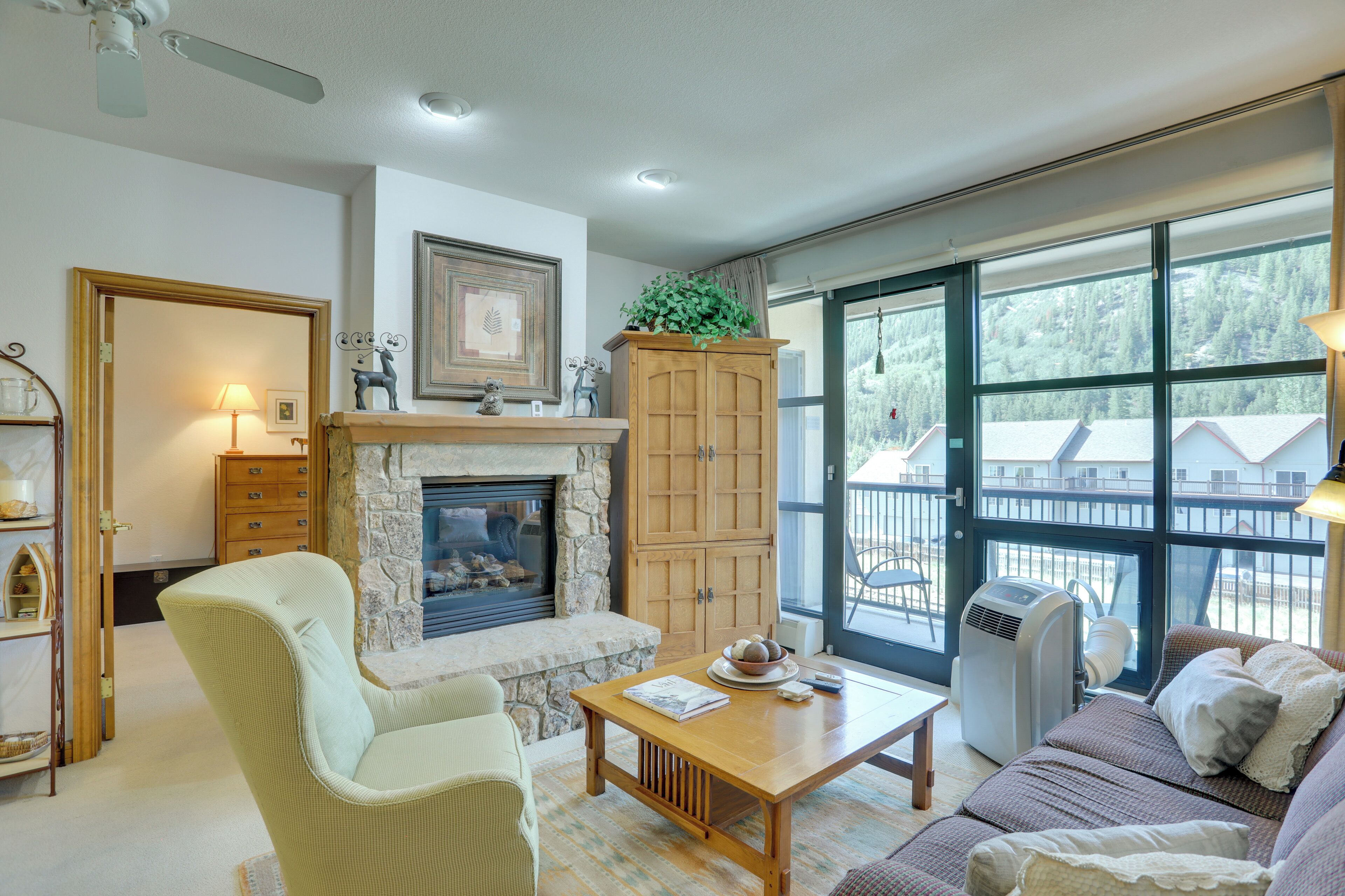 TV, fireplace, video library, stereo