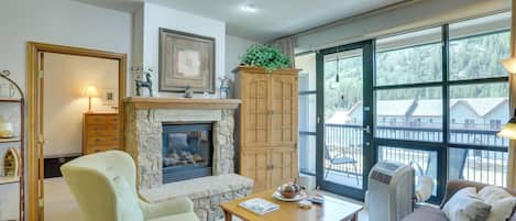 TV, fireplace, video library, stereo