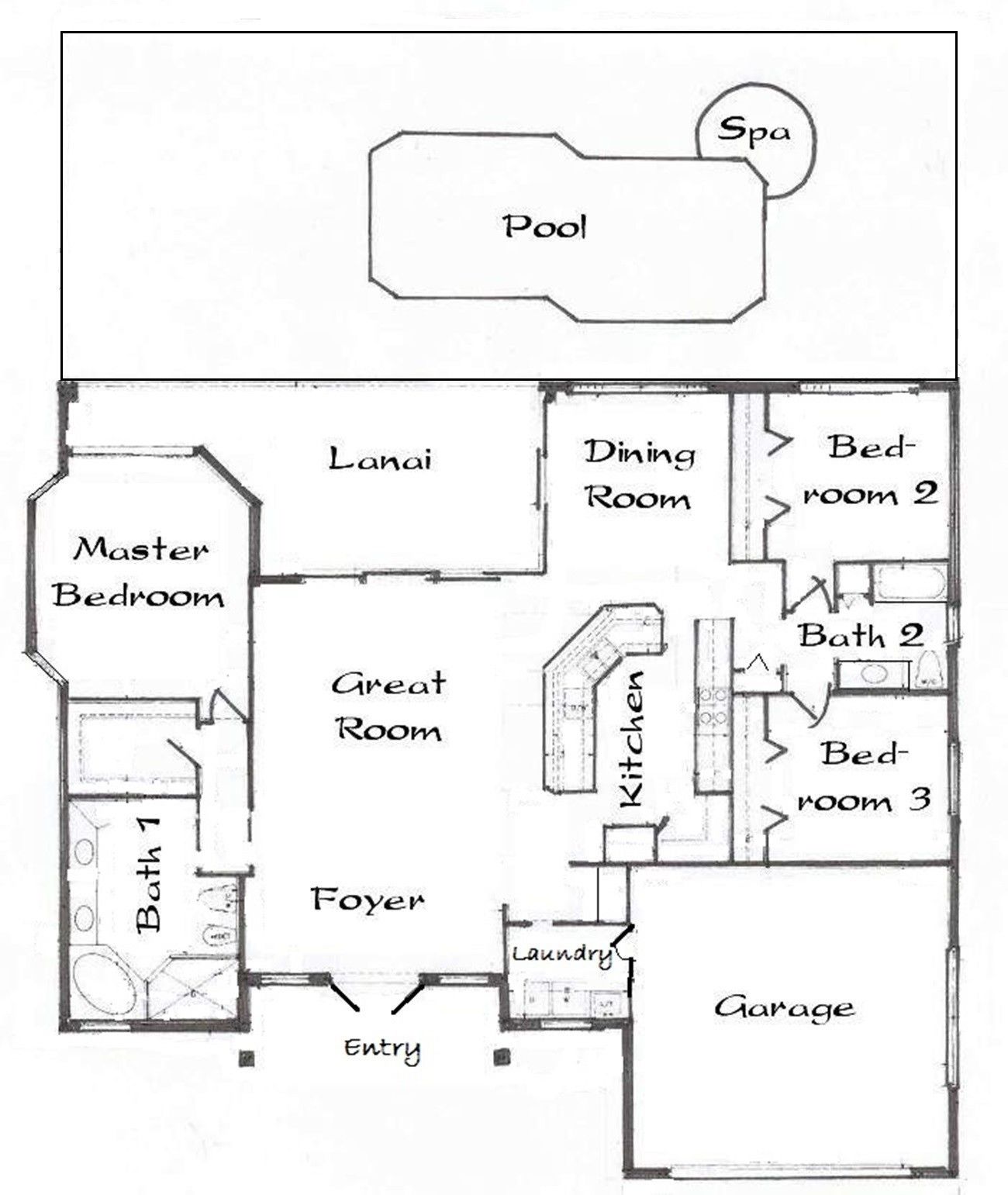Plano de planta que muestra una piscina, un porche cubierto, comedor, habitación principal, sala de estar amplia, vestíbulos y un garaje.