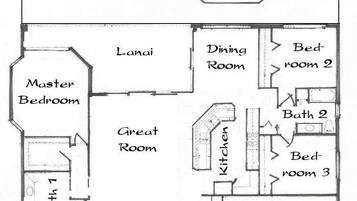 Plano de planta que muestra una piscina, un porche cubierto, comedor, habitación principal, sala de estar amplia, vestíbulos y un garaje.