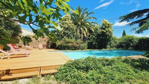 A pool area with a wooden deck, lounge chairs, and lush greenery including palm trees and flowering plants. - Residence with character (Pont-Saint-Esprit)