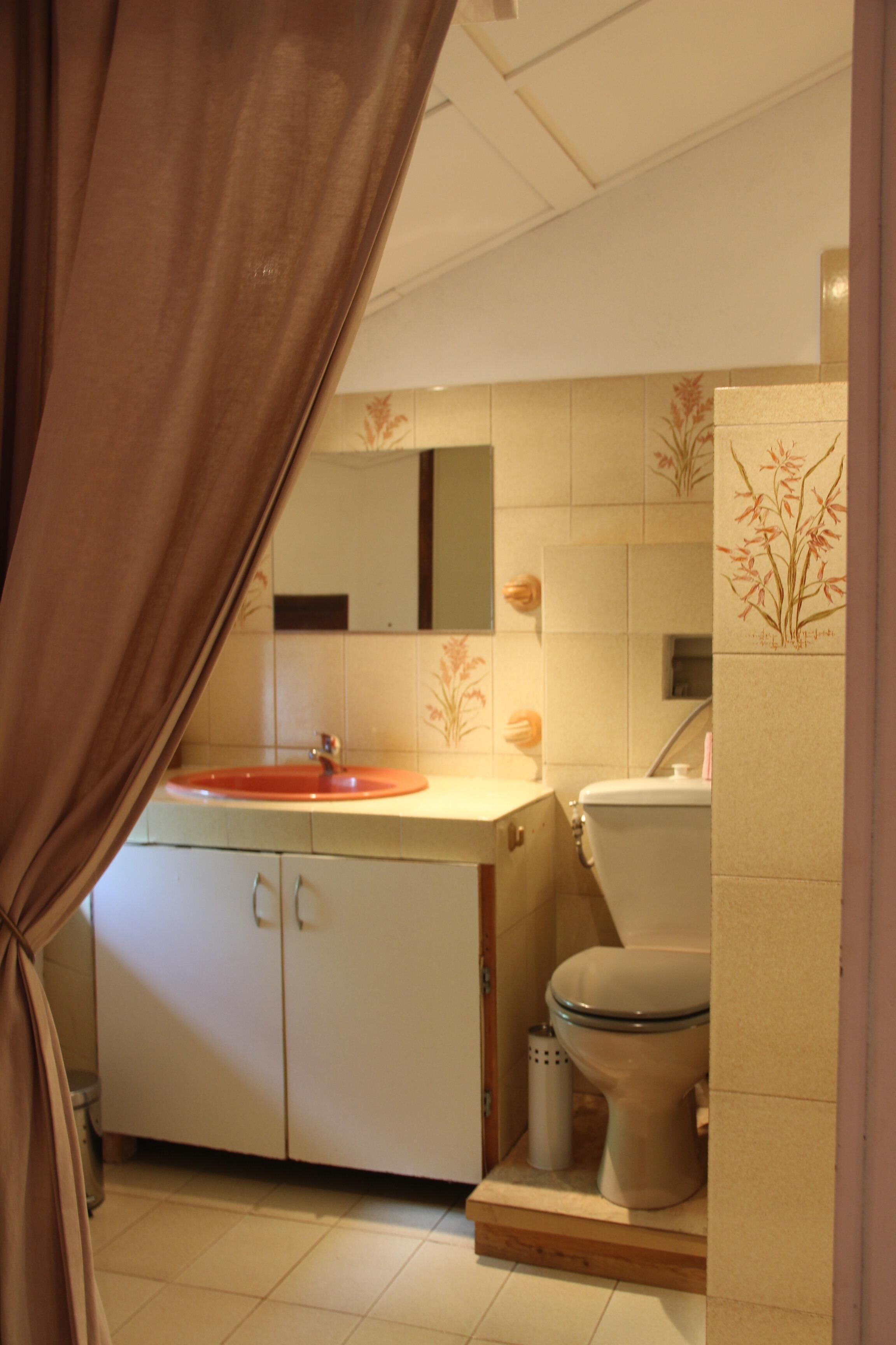 A bathroom with a sink, toilet, and cabinet.