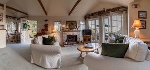 TV, fireplace, DVD player, books