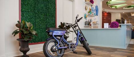 A blue electric bike with 'ZUGO' branding parked indoors, a reception desk with a green wall and 'mulberry' sign, and a potted plant.