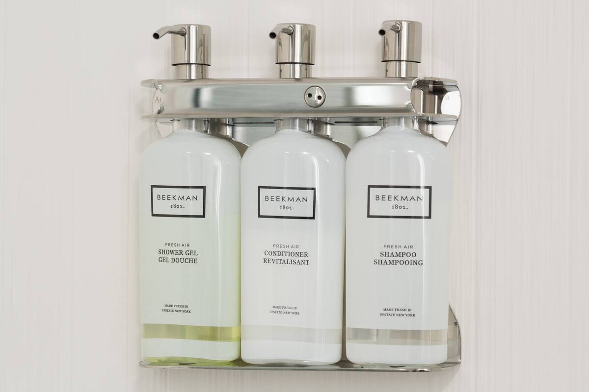 free toiletries, hair dryer, towels, soap