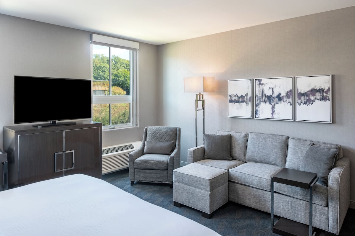 Ein modernes Hotelzimmer mit einem großen Bett, einem Flachbildfernseher, einem grauen Sofa, einem kleinen Sessel und einem Beistelltisch. An der Wand hängen drei gerahmte Kunstwerke und ein Fenster mit Blick auf Grünflächen.