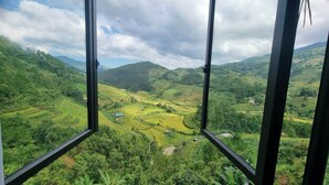 A view from a window overlooking terraced fields and hills. - Hello Mu Cang Chai Homestay - Hostel (Pung Luong)