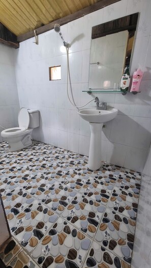 Douche, articles de toilette gratuits, chaussons, serviettes fournies