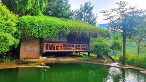 A rustic wooden house with a balcony, surrounded by lush greenery and a small pond. - Hello Mu Cang Chai Homestay - Hostel (Pung Luong)