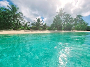 Una playa con agua turquesa cristalina, palmeras y una orilla arenosa.