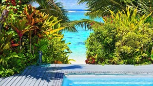 A pool area with a wooden deck and tropical plants, leading to a beach with clear blue water. - Natura Beach Pool Villa 2 (Rarotonga)