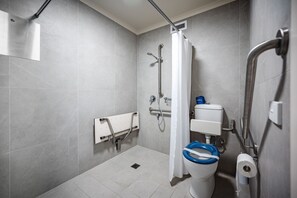 A modern bathroom with a shower, grab bars, a wheelchair-accessible toilet, and a handrail.