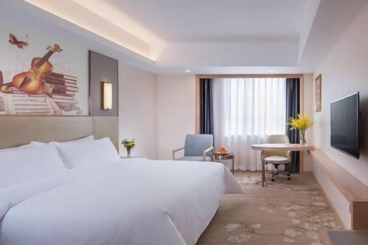 A hotel room with a large bed, a desk, a chair, a television, and a wall with a musical instrument and books.