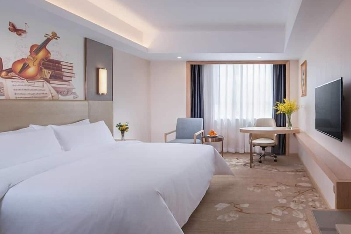 A hotel room with a large bed, a desk, a chair, a flat-screen TV, and a wall with a violin and books mural.