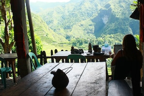 Frokost, lunsj og middag serveres, lokale retter, uteservering
