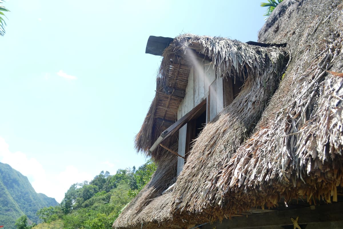 Una casa tradicional con techo de paja, ventana a la vista y puerta de madera.