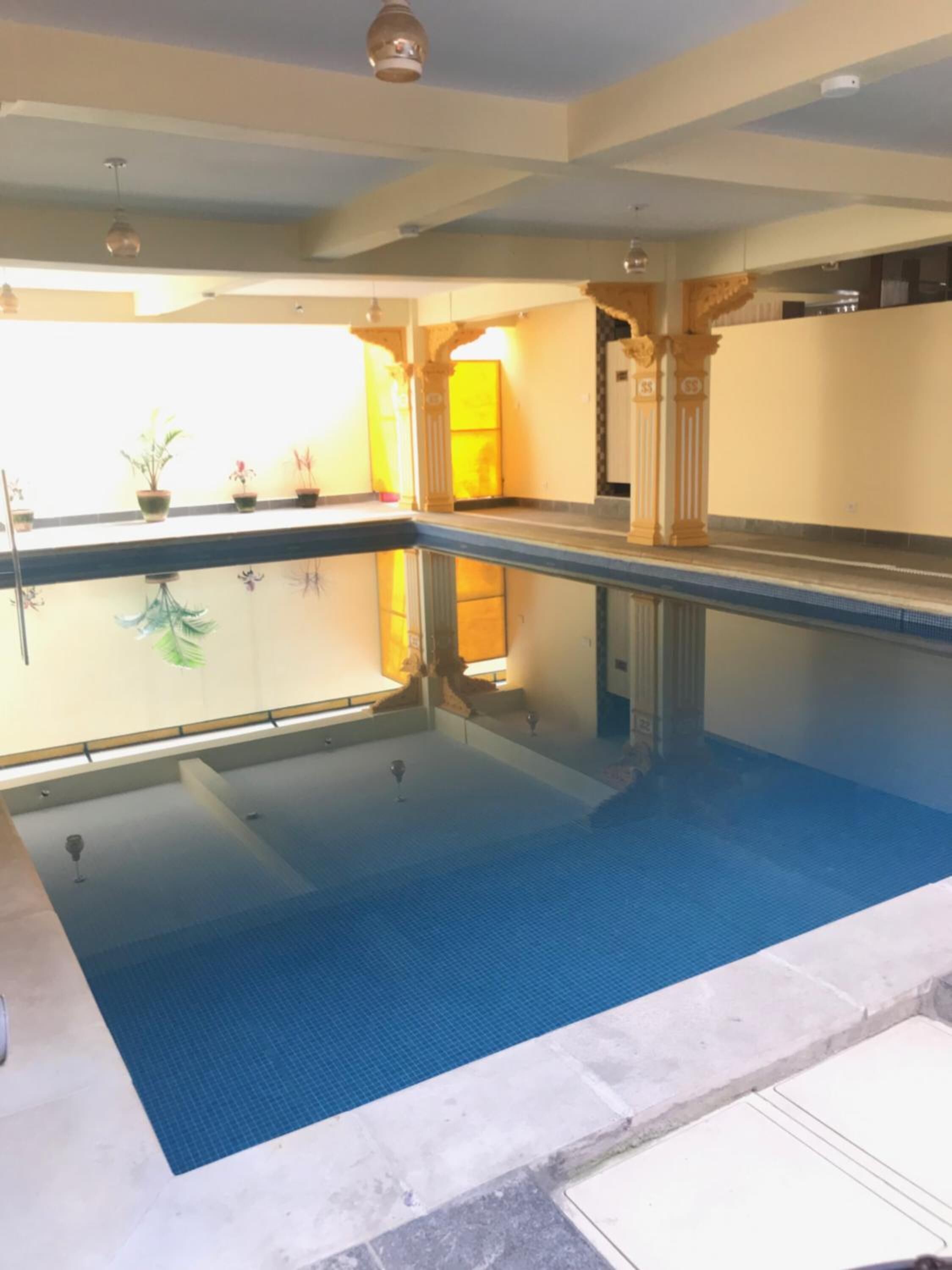 An indoor swimming pool with a blue tiled floor and a white border. There are potted plants on the windowsill and a ceiling light fixture.