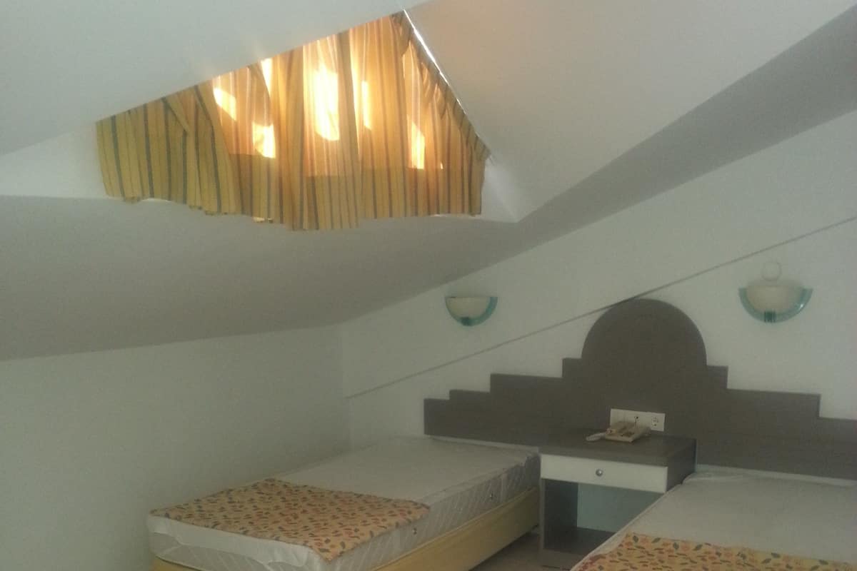 A small, dimly lit room with two single beds, a desk, and a slanted ceiling.