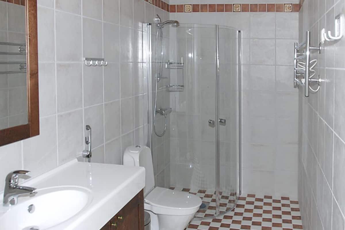 standard room | bathroom | shower, free toiletries, hair dryer, towels
