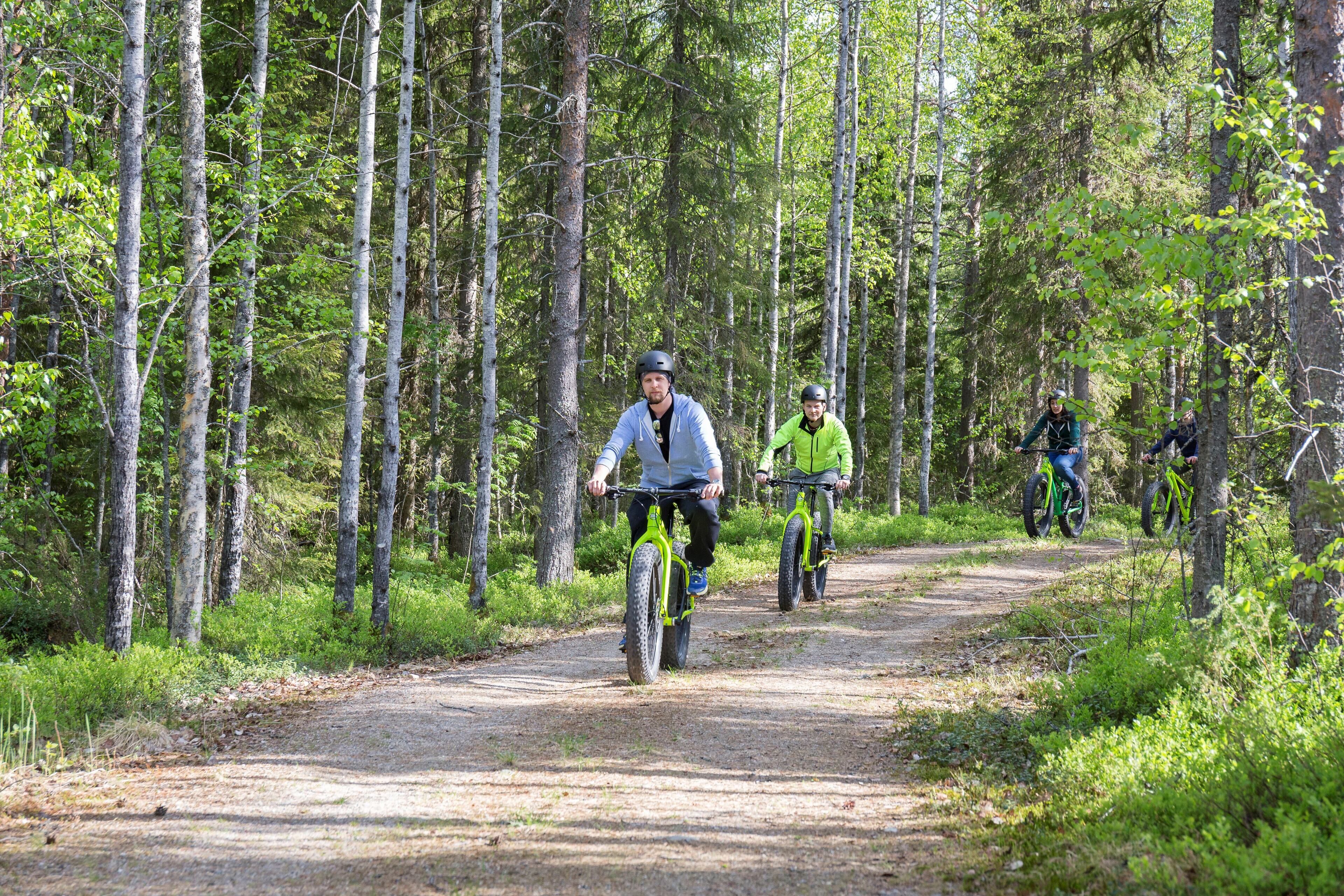 A forest path with cyclists.