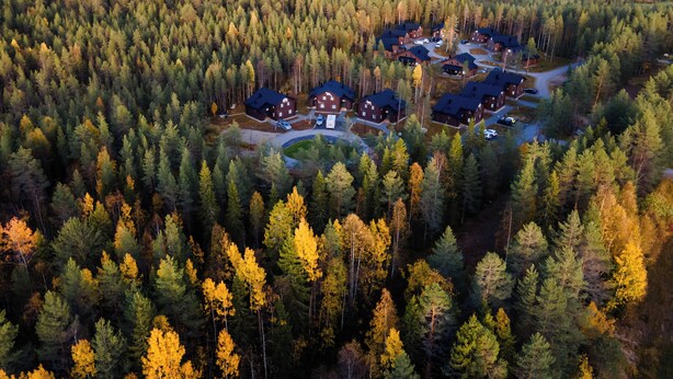 An aerial view of a forested area with multiple cabins and a small lake. - Ranua Resort Holiday Villas (Ranua)