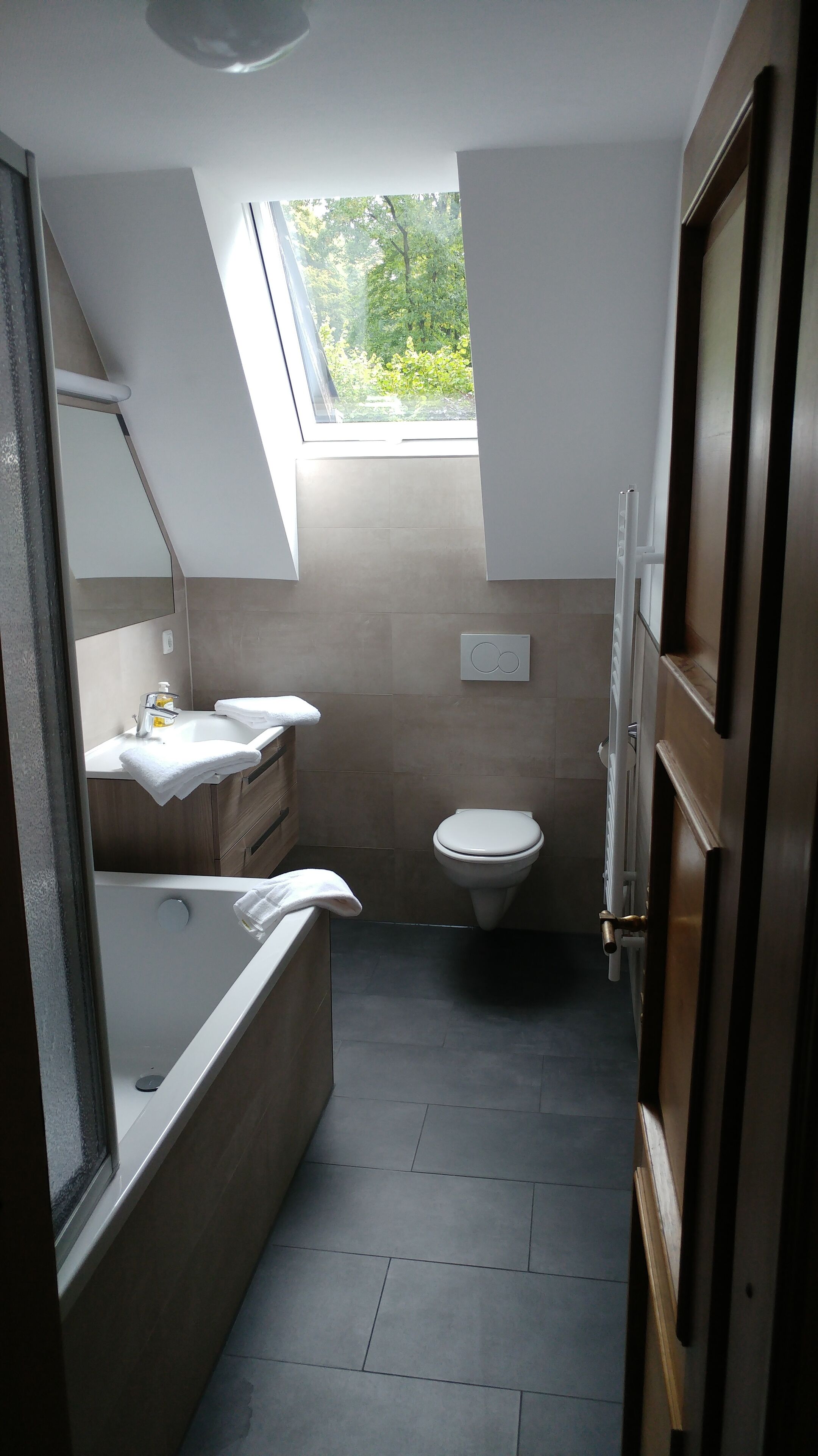 A modern bathroom with a skylight, a bathtub, a toilet, and a vanity with a mirror.