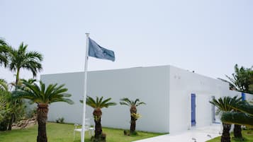 Un edificio moderno con fachada blanca, un asta con bandera y varias palmeras al frente.