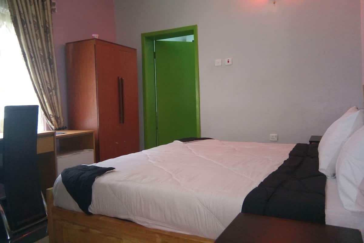 A bedroom with a bed, a wardrobe, a desk, and a green door.
