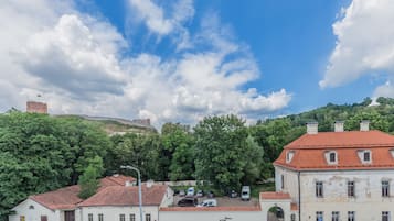 A view of a town with buildings, trees, and a hill with a tower.