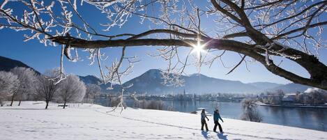 A snowy landscape with a lake, mountains, and a person walking.
