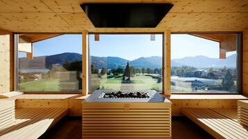 A wooden interior with a central fireplace and large windows offering mountain views.