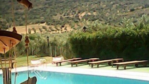 Piscina con montañas al fondo, sillas de descanso y una estructura colgante.
