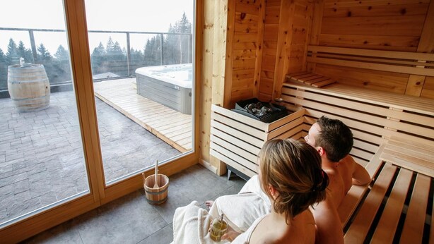 A sauna with wooden benches and a hot tub, large windows, and a view of trees. - Garni & Wellness Anderle (Vignola-Falesina)