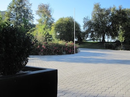 Uma área pavimentada com um canteiro e arbustos floridos.